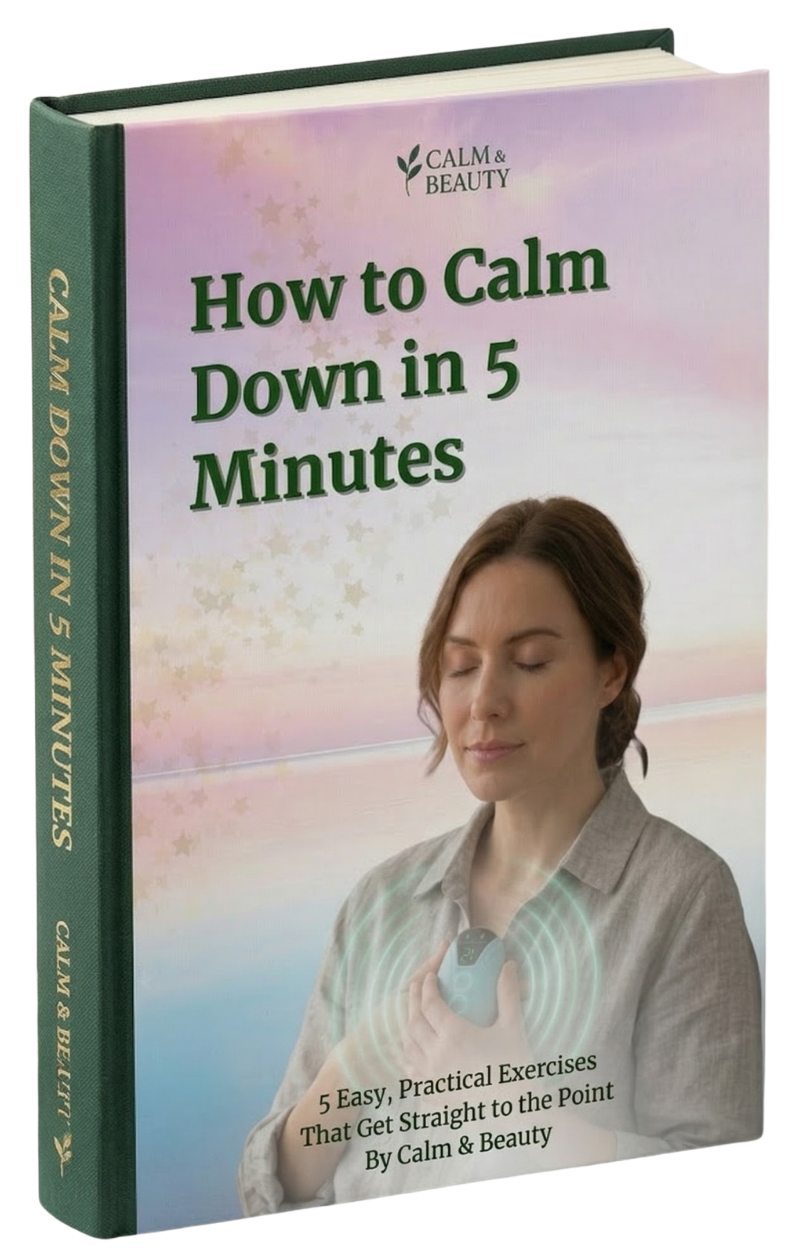 Book titled 'How to Calm Down in 5 Minutes' by Calm & Beauty with a woman meditating on the cover.