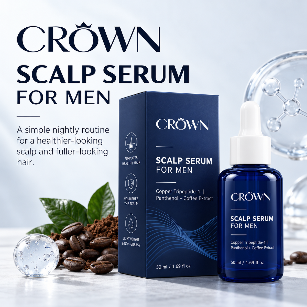 CROWN Scalp Serum for Men, 50 ml dropper bottle and box