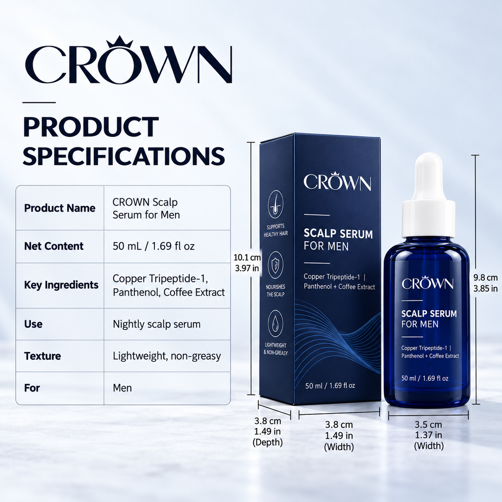 CROWN Scalp Serum specifications: 50 ml / 1.69 fl oz, key ingredients and nightly use