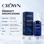 CROWN Scalp Serum specifications: 50 ml / 1.69 fl oz, key ingredients and nightly use