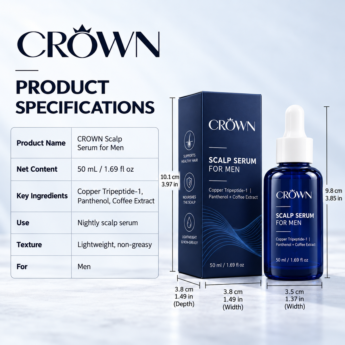 CROWN Scalp Serum specifications: 50 ml / 1.69 fl oz, key ingredients and nightly use
