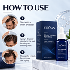 How to use CROWN: one dropper on a dry scalp, massage for one minute, no rinse