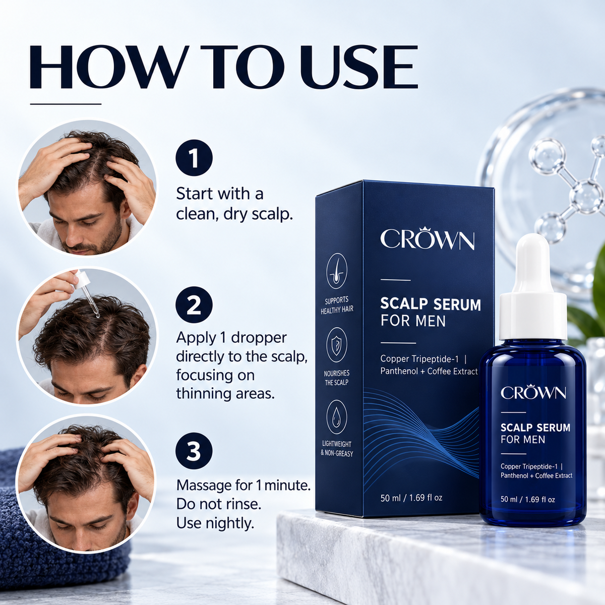 How to use CROWN: one dropper on a dry scalp, massage for one minute, no rinse