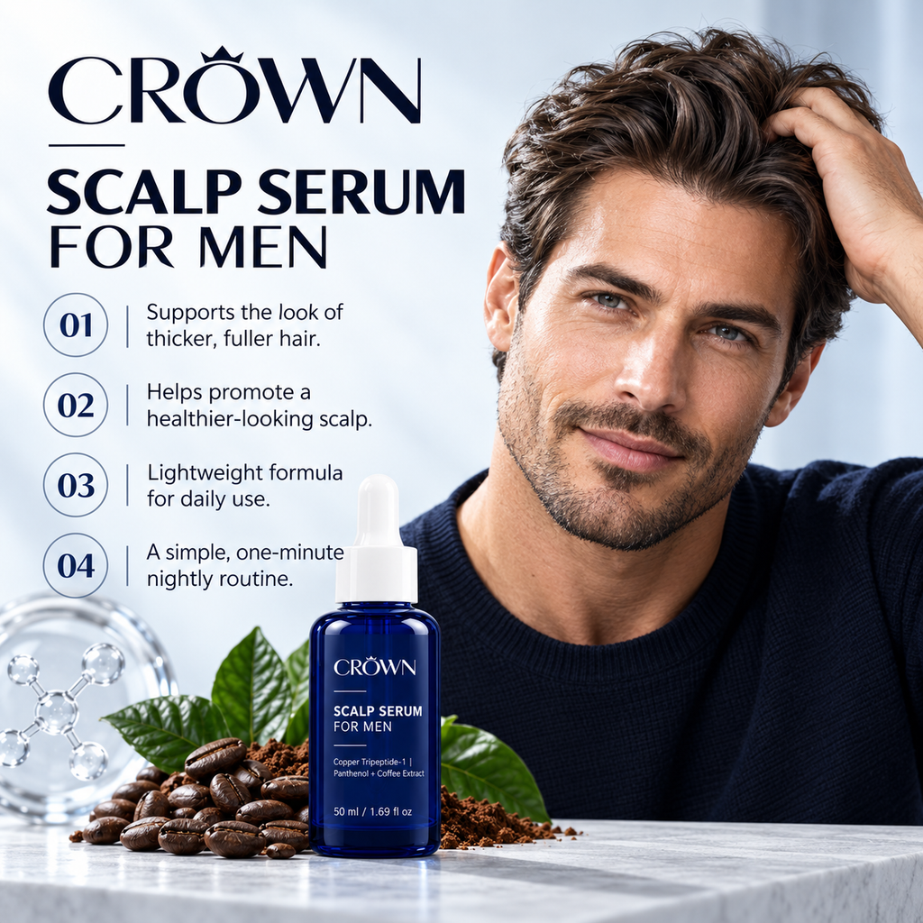 Man with a bottle of CROWN Scalp Serum for Men