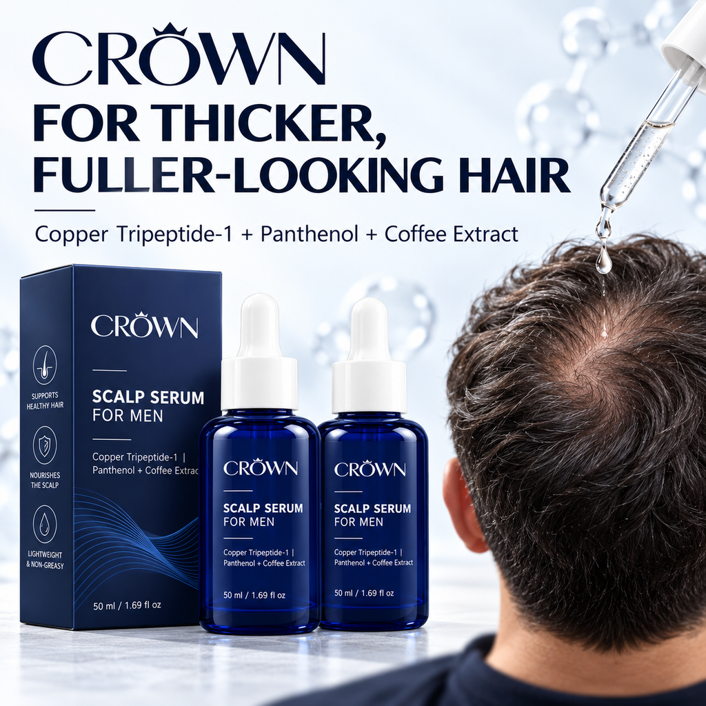 Applying CROWN Scalp Serum to the crown with the dropper