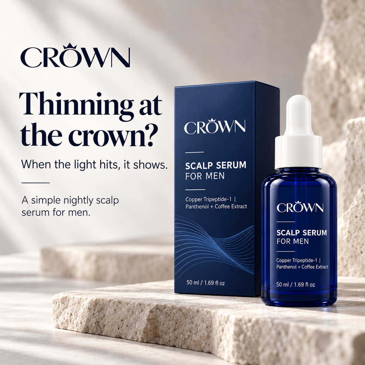 CROWN Scalp Serum for Men, 50 ml bottle and box