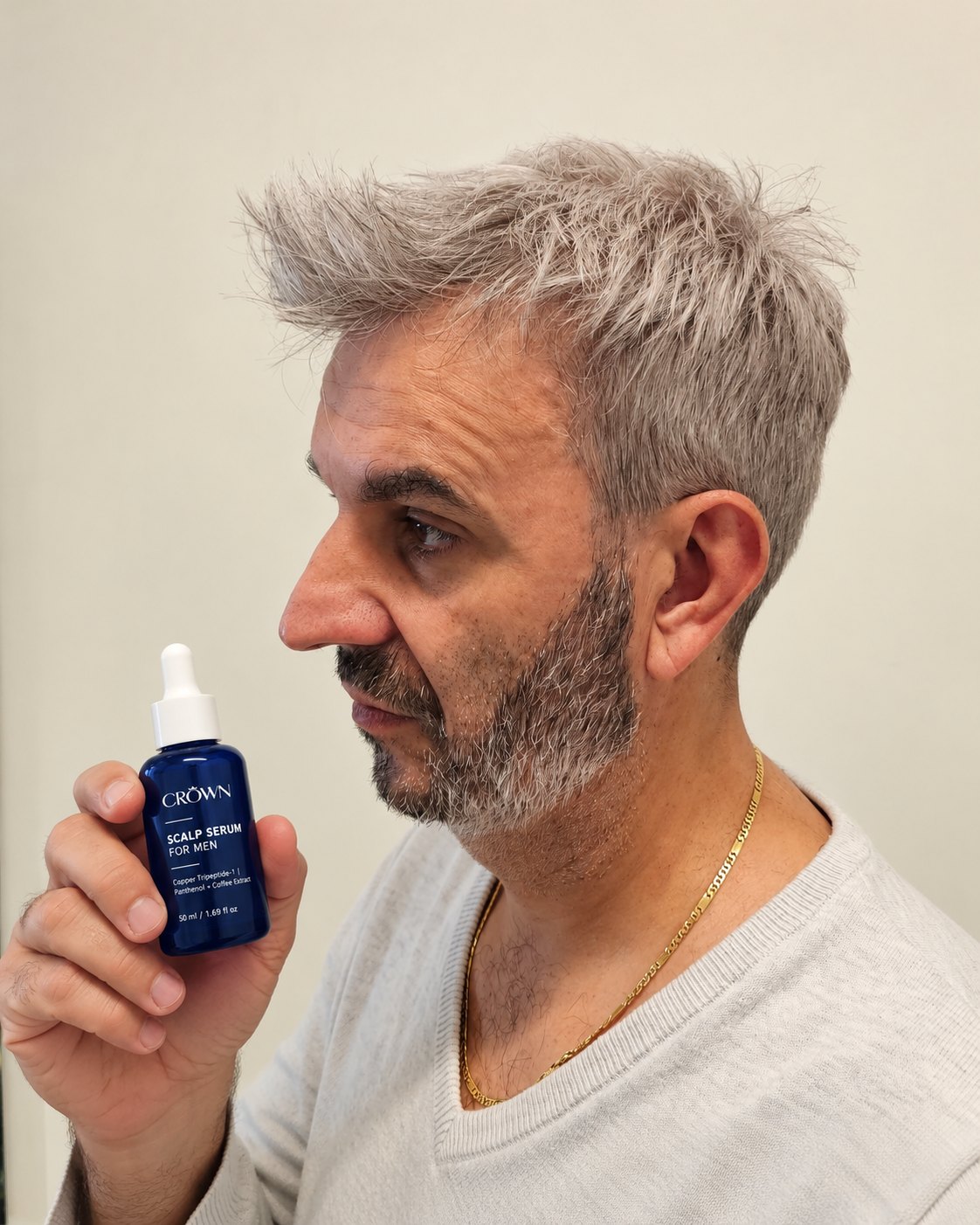 Man holding a bottle of CROWN Scalp Serum for Men